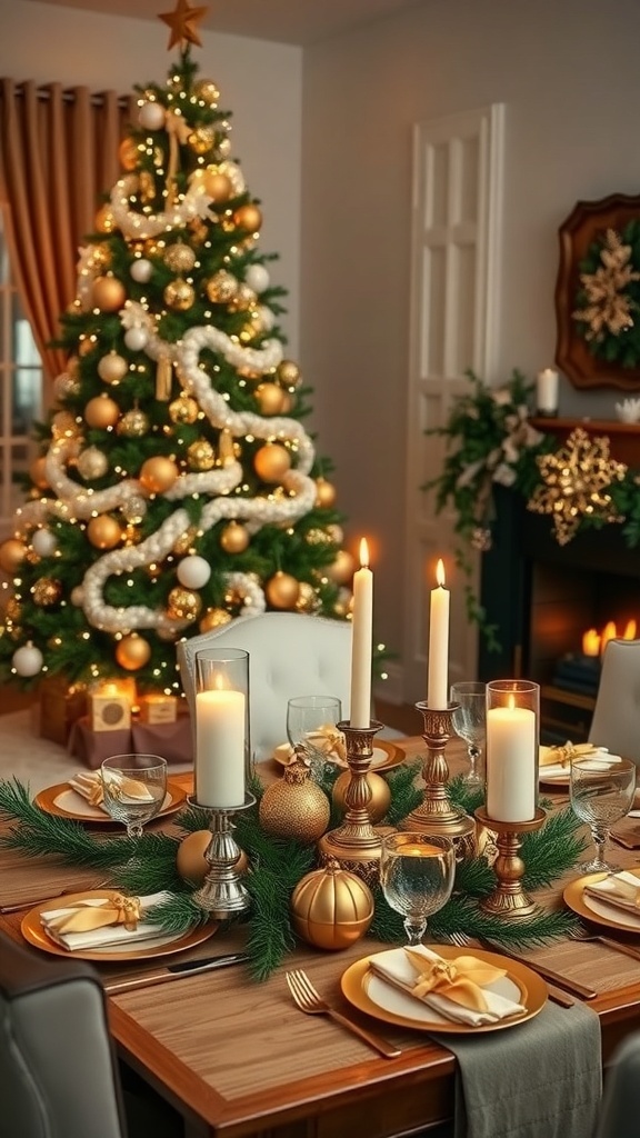 Elegant gold Christmas tree and table setting with gold accents.
